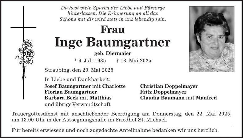 Traueranzeige Inge Baumgartner