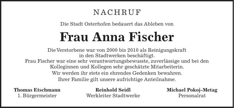 Traueranzeige Anna Fischer