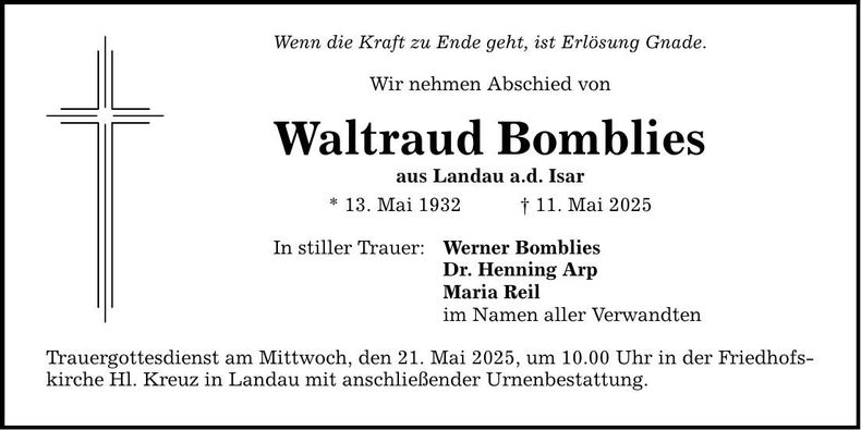 Traueranzeige Waltraud Bomblies