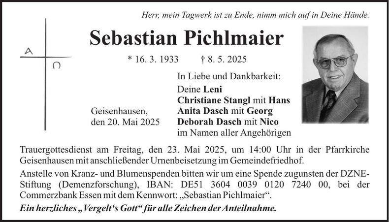 Traueranzeige Sebastian Pichlmaier
