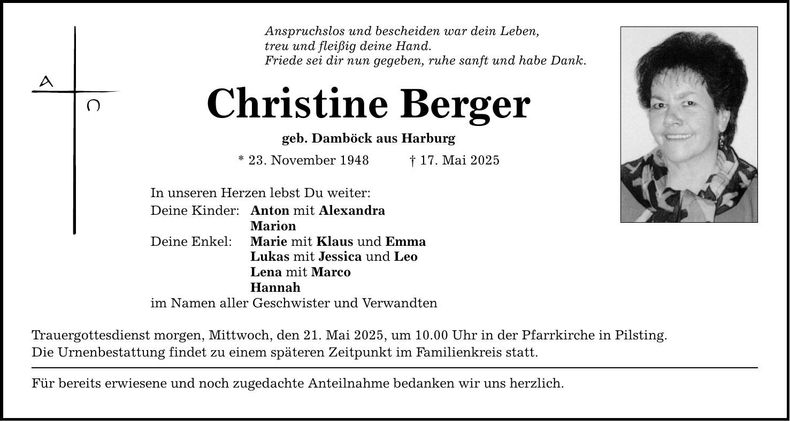 Traueranzeige Christine Berger
