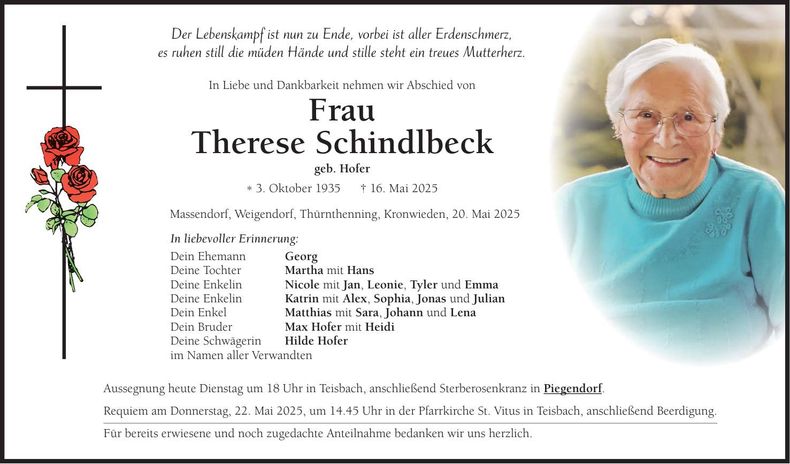 Traueranzeige Therese Schindlbeck