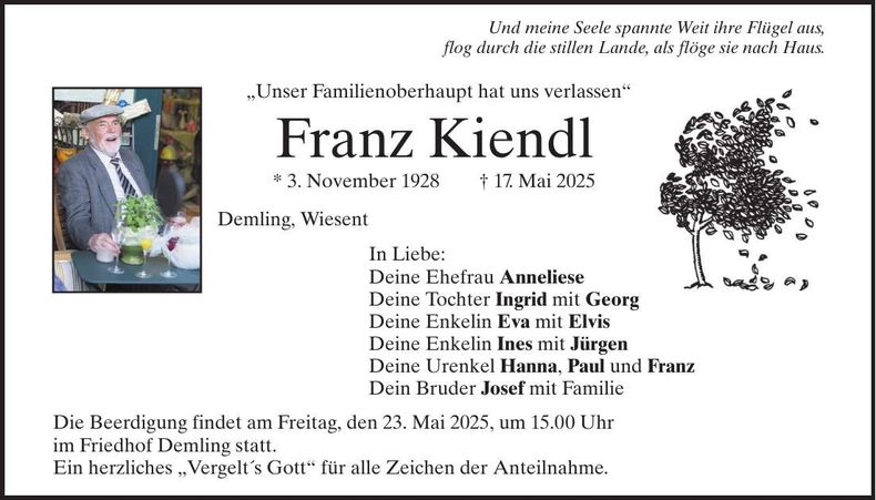 Traueranzeige Franz Kiendl