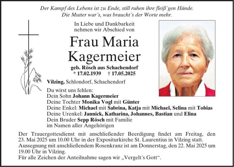 Traueranzeige Maria Kagermeier