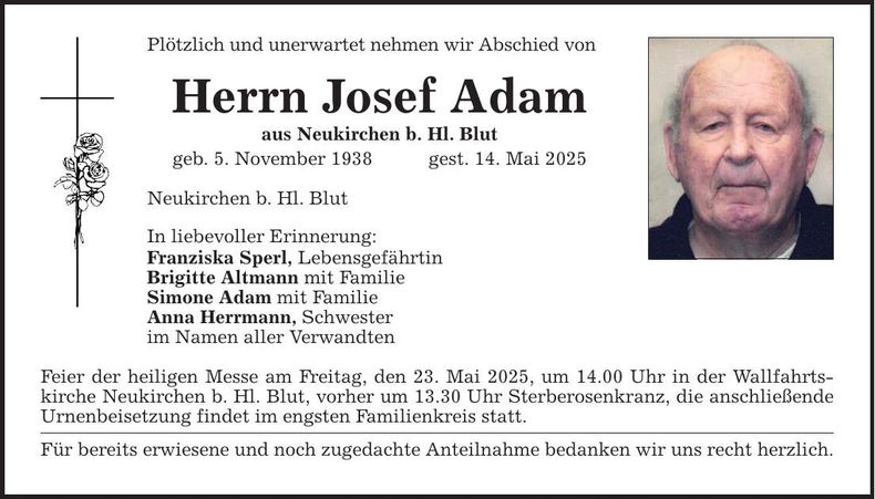 Traueranzeige Josef Adam