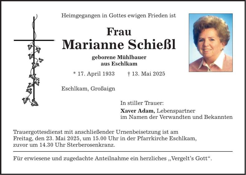 Traueranzeige Marianne Schießl