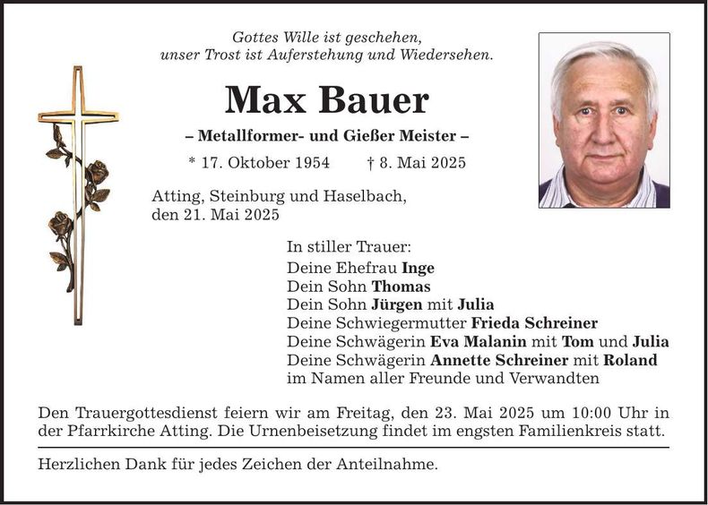 Traueranzeige Max Bauer