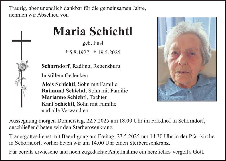 Traueranzeige Maria Schichtl