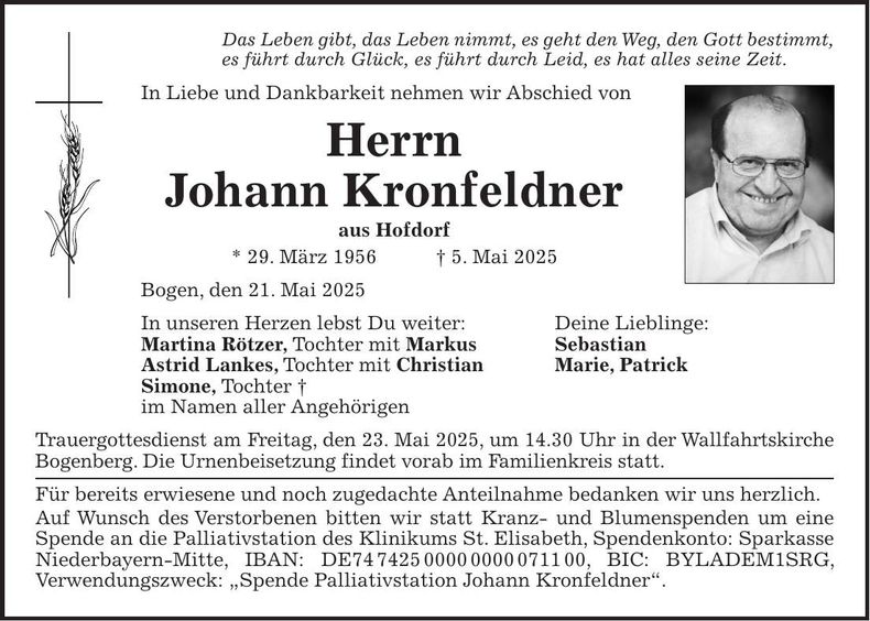 Traueranzeige Johann Kronfeldner