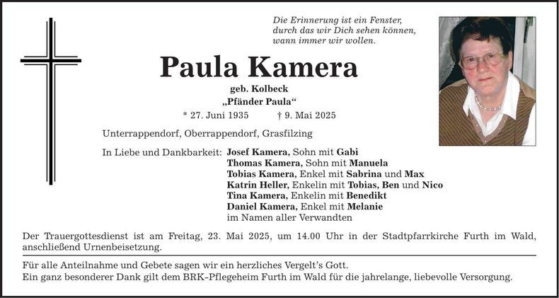 Traueranzeige Paula Kamera