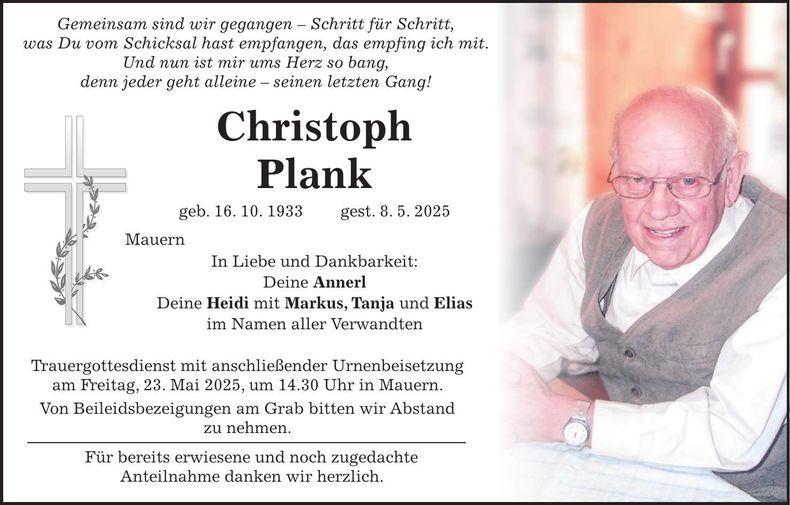 Traueranzeige Christoph Plank