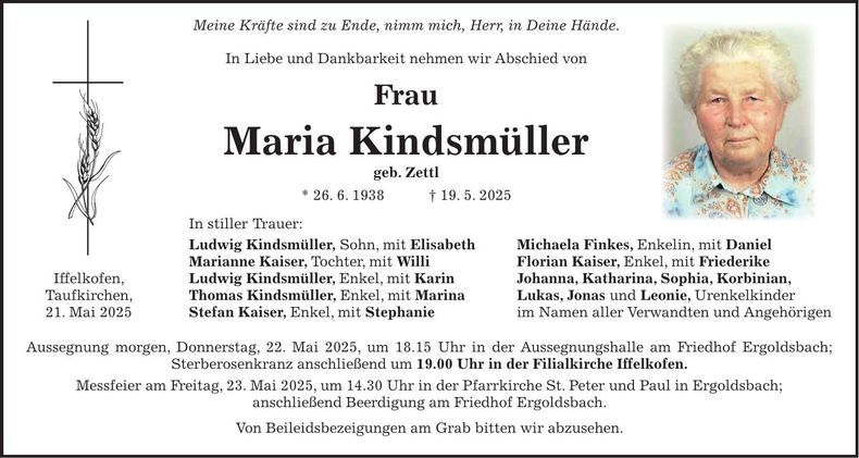 Traueranzeige Maria Kindsmüller