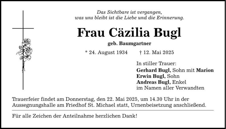Traueranzeige Cäzilia Bugl
