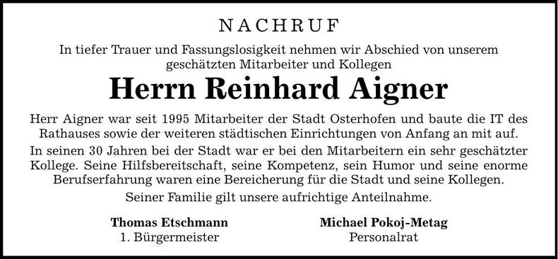 Traueranzeige Reinhard Aigner