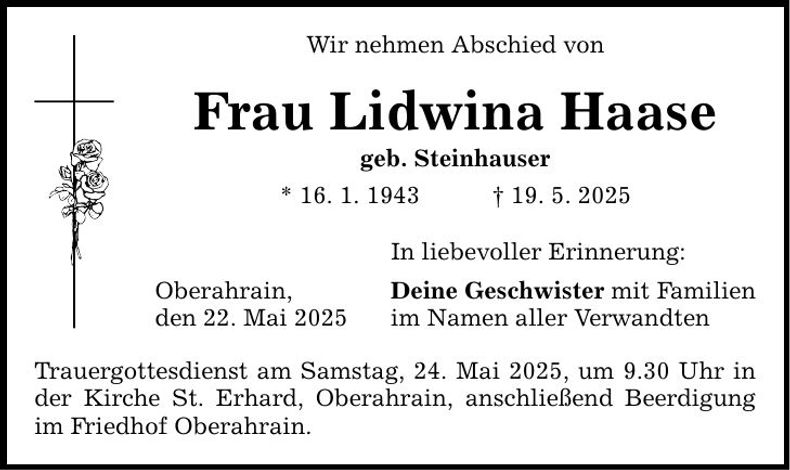 Traueranzeige Lidwina Haase