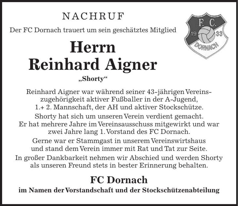 Traueranzeige Reinhard Aigner