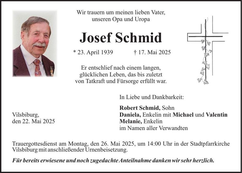 Traueranzeige Josef Schmid