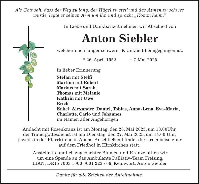 Traueranzeige Anton Siebler