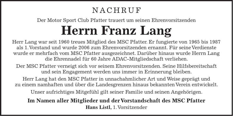 Traueranzeige Franz Lang