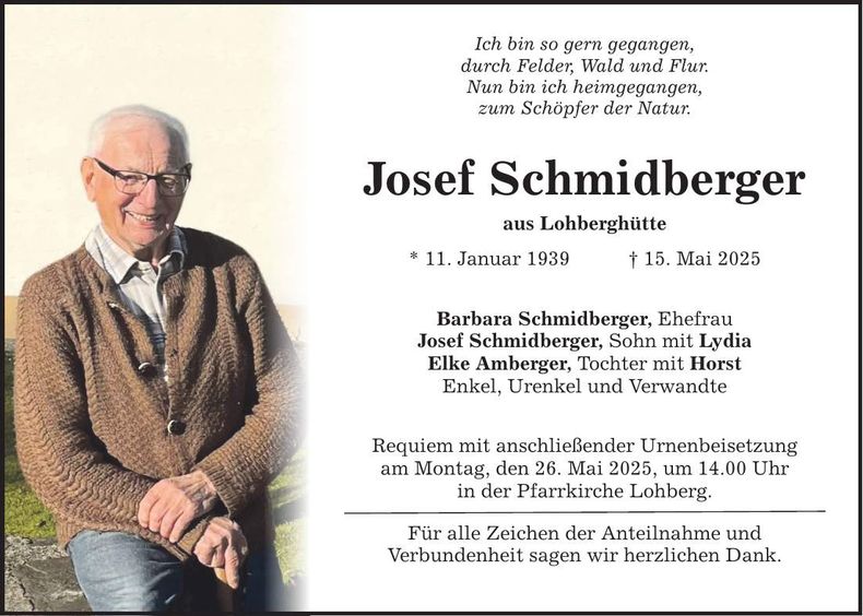 Traueranzeige Josef Schmidberger