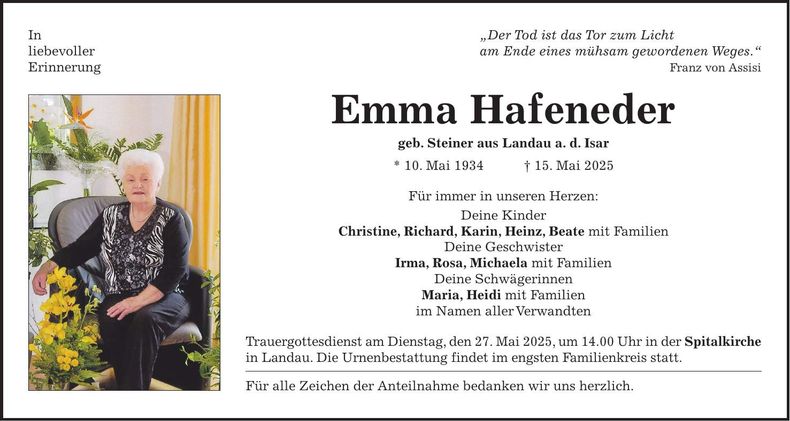 Traueranzeige Emma Hafeneder
