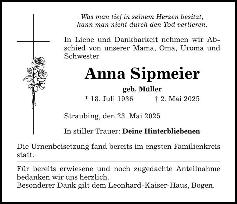 Traueranzeige Anna Sipmeier