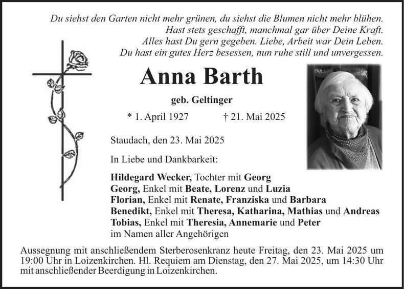 Traueranzeige Anna Barth