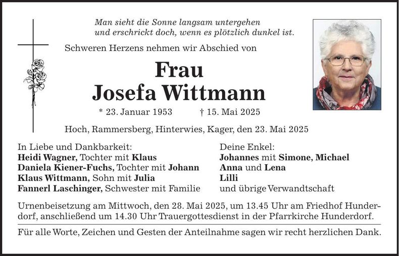 Traueranzeige Josefa Wittmann