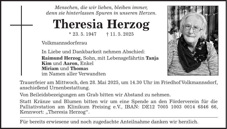 Traueranzeige Theresia Herzog