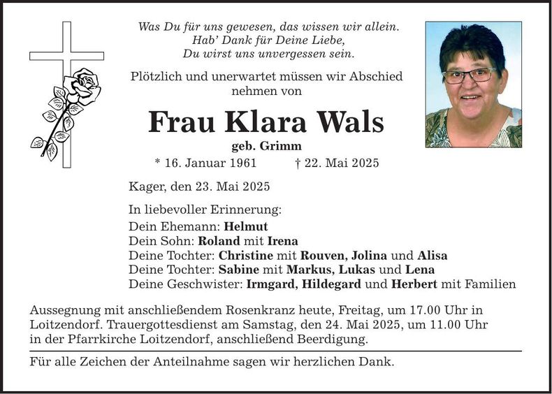 Traueranzeige Klara Wals