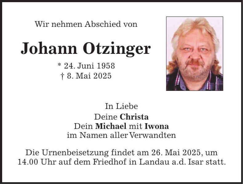 Traueranzeige Johann Otzinger