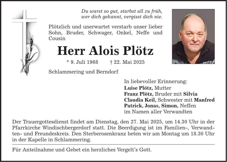 Traueranzeige Alois Plötz