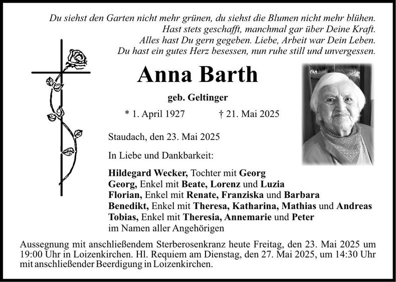 Traueranzeige Anna Barth