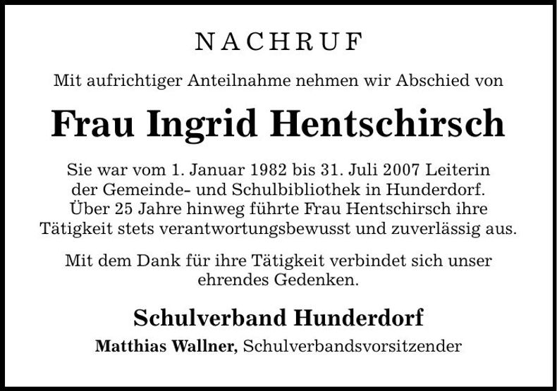 Traueranzeige Ingrid Ingrid Hentschirsch