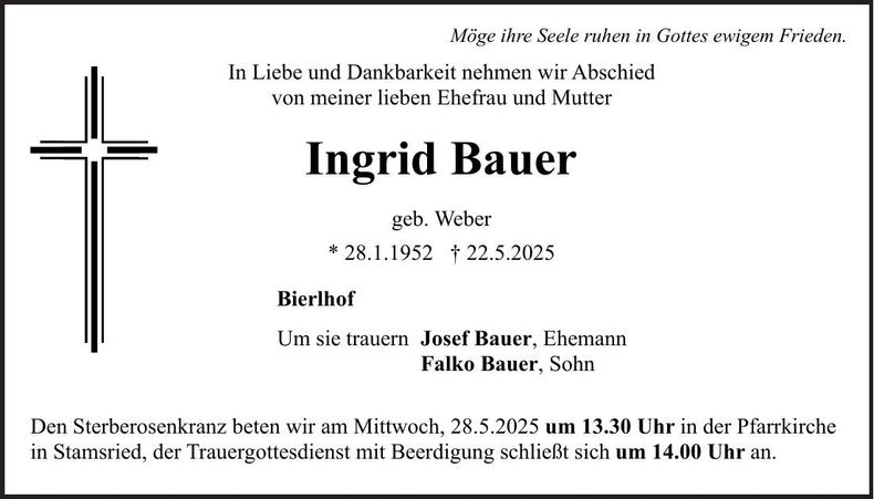 Traueranzeige Inrid Bauer