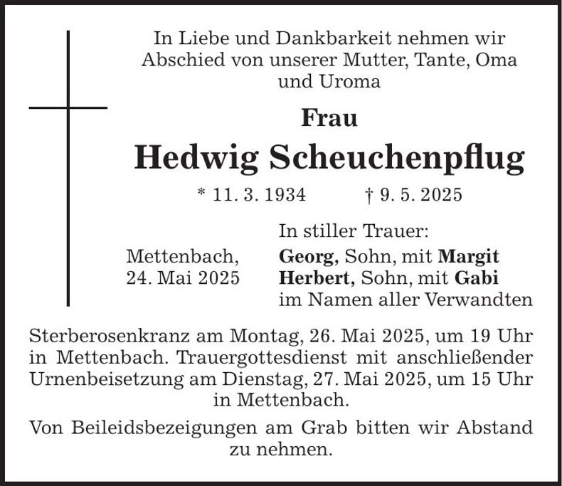 Traueranzeige Hedwig Scheuchenpflug