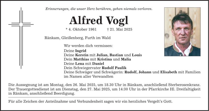 Traueranzeige Alfred Vogl