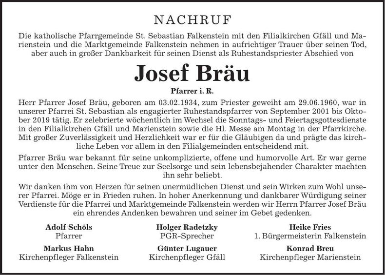 Traueranzeige Josef Bräu