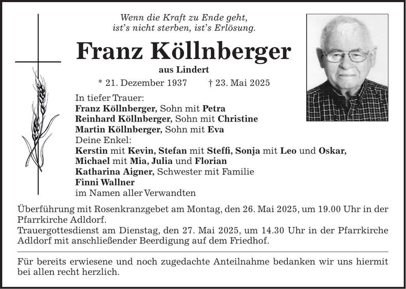 Traueranzeige Franz Köllnberger
