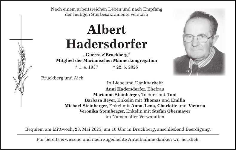 Traueranzeige Albert Hadersdorfer