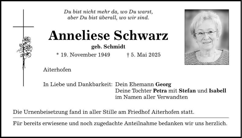 Traueranzeige Anneliese Schwarz