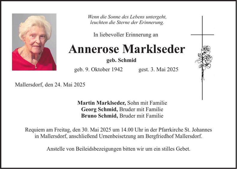 Traueranzeige Annerose Marklseder