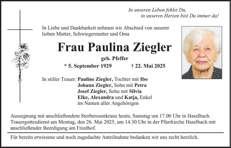 Traueranzeige Paulina Ziegler
