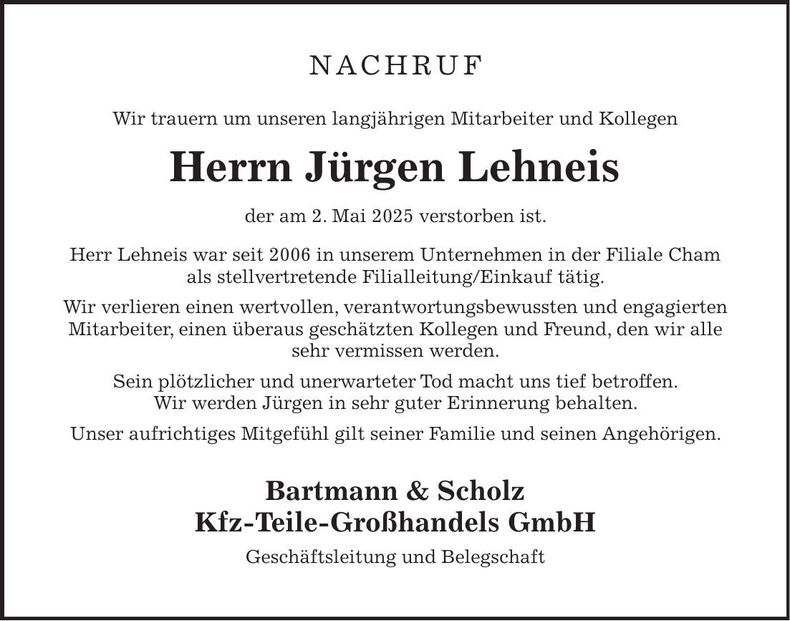 Traueranzeige Jürgen Lehneis