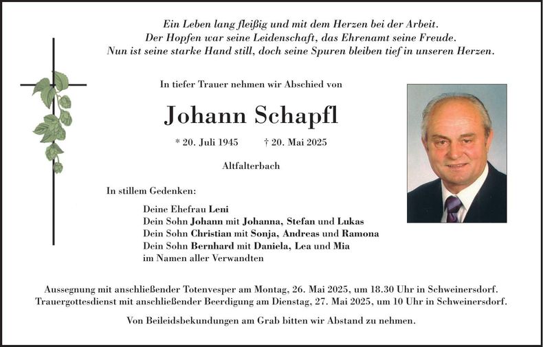 Traueranzeige Johann Schapfl