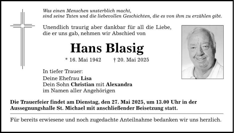 Traueranzeige Hans Blasig