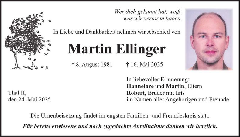Traueranzeige Martin Ellinger