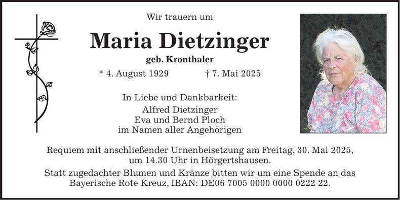 Traueranzeige Maria Dietzinger
