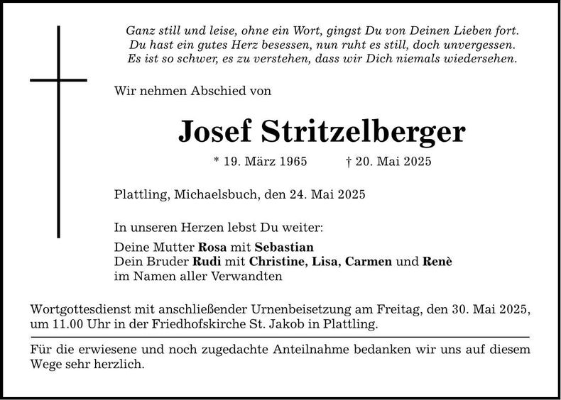 Traueranzeige Josef Stritzelsberger