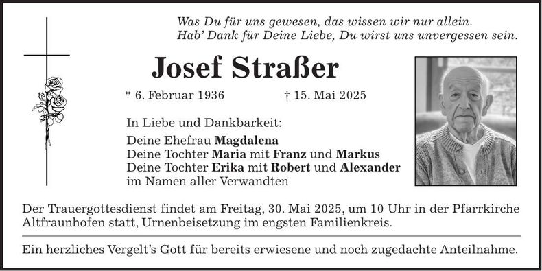 Traueranzeige Josef Straßer